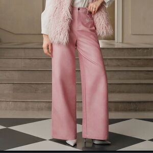 SAVOREE Pink FAUX LEATHER Wide-Leg Pants contrast white stitching size S BNWT